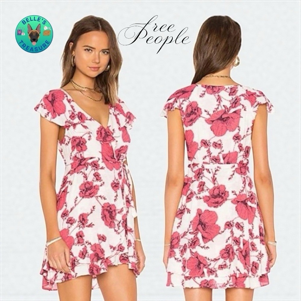 Free People Dress Womens Medium Wrap Mini White Red Floral French Quarter Ruffle